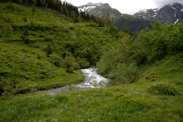 Fototapeta na wymiar Fluss in den Bergen Östereichs der in einen See fließt