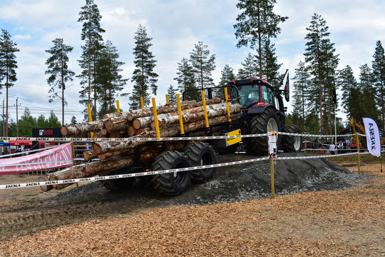 A logging truck was in action carrying logs up and down the hump during the FinnMetko exhibit in J&auml;ms&auml;nkoski, Finland.