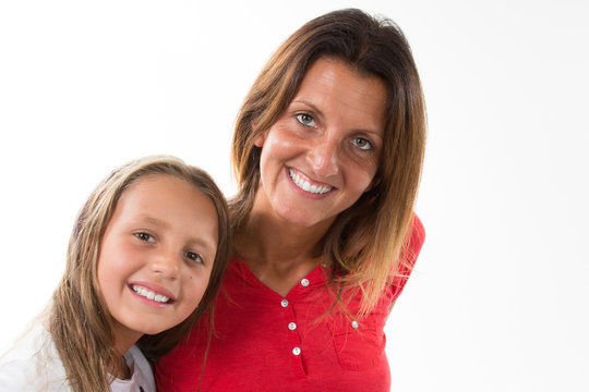 cheerful portrait of happy mother and child daughter isolated over white background