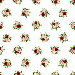 Vector seamless pattern with pink, burgundy and white roses on a white background.
