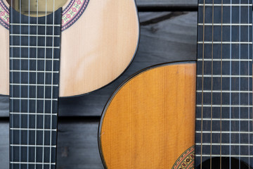two acoustic guitar on wooden ground