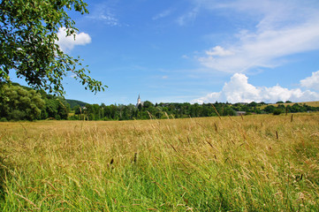 Sommerwiese mit der Kirche des Wallfahrtsortes Klausen in der Ferne

