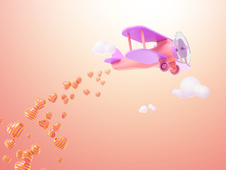 Vintage pink airplane with heart balloon. Flat lay illustration of love concept. Orange isolated background. 3d render