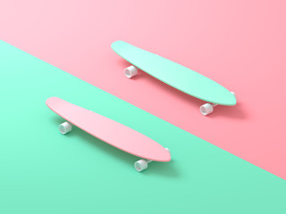 Creative layout made of colorful longboard on pink and green background. Minimal summer sport concept with copy space. Border arrangement.