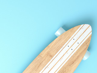 Creative layout made of colorful longboard on blue background. Minimal summer sport concept with copy space. Border arrangement.
