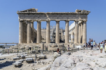 Partenon eden from the centrally located buildings of the Athens Acropolis. The name Parthenon refers to the Parthenon of Athens, whose temple was dedicated. - obrazy, fototapety, plakaty
