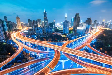 Foto op Canvas city highway overpass panoramic with shanghai skyline, modern traffic background © 安琦 王