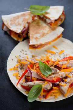 Quesadilla or tortilla wheat wrap with grilled chicken meat, vegetables and cheddar, studio shot
