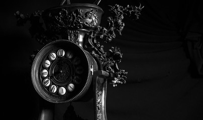 Retro vintage old clock details close up in black and white