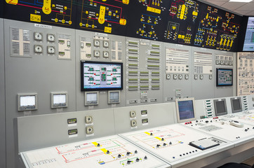The central control room of nuclear power plant. Fragment of nuclear reactor control panel.
