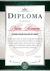 Diploma in the official, solemn, elegant, Royal style in green and silver tones, with the image of the crown