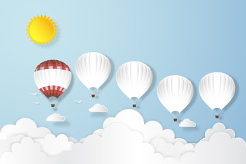 Red balloon leadership team flying under blue sky and sunny as business leader , paper art, craft style and business, journey and travel concept. vector illustration.