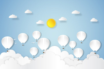 balloon leadership team flying under blue sky and sunny as business leader , paper art, craft style and business, journey and travel concept. vector illustration.