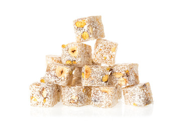 Turkish delight lokum with pistachio nuts isolated on a white background
