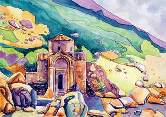 The Chapel in the Mountains watercolor