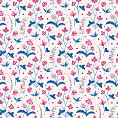 Jacobean floral pattern, meadow flowers background. Wild field flowers and herbs in repeating pattern. 