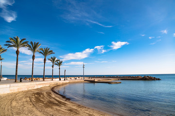 Sunny beach, promenade with palm trees in Torrevieja, Spain