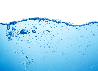 blue water with air bubbles and splashes on white background