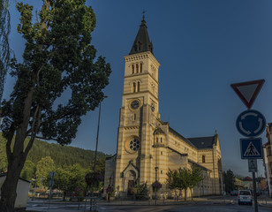 Fototapeta na wymiar Nice big church in Kraslice town in summer morning