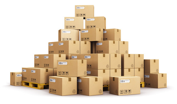 Piles of cardboard boxes on shipping pallets