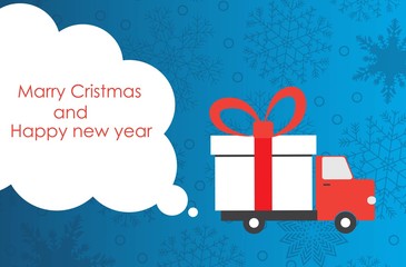 Christmas and New Year greeting card with gift delivery van with copy space. Vector illustration