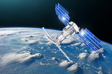 Satellite above the Earth makes measurements of the weather parameters. Sensing, research, probing,...
