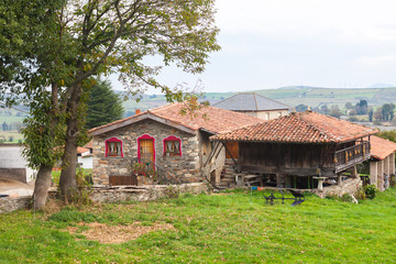 House with a typical granary, horreo, in Tineo. Asturias, Spain