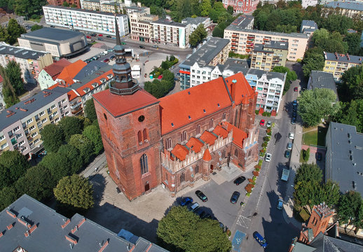 Aerial view on city, old town, city center, green city, cathedral and block houses.