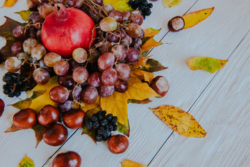 Autumn still life. apple, pumpkin, pomegranate, viburnum, leaves. Flatlay background