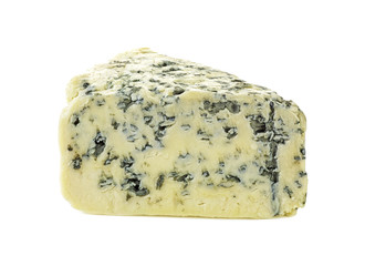 Wedge of soft blue cheese with mold isolated on white background