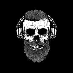 bearded skull in headphones. Design element for poster, card, emblem, sign banner.
