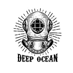 Deep ocean. Old style diver helmet on white background. Design element for t-shirt print, poster, emblem.