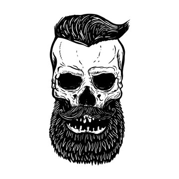 Hand drawn bearded skull isolated on white. Design elements for logo, label, emblem, sign.
