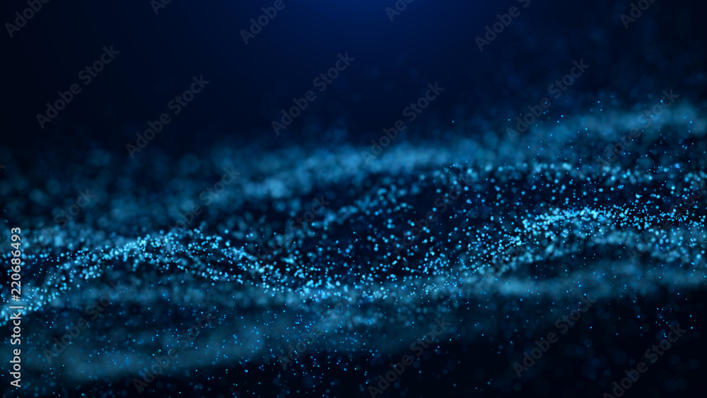 Poster Wave of particles. Abstract particle. Data visualization. Abstract digital background. 4k rendering.