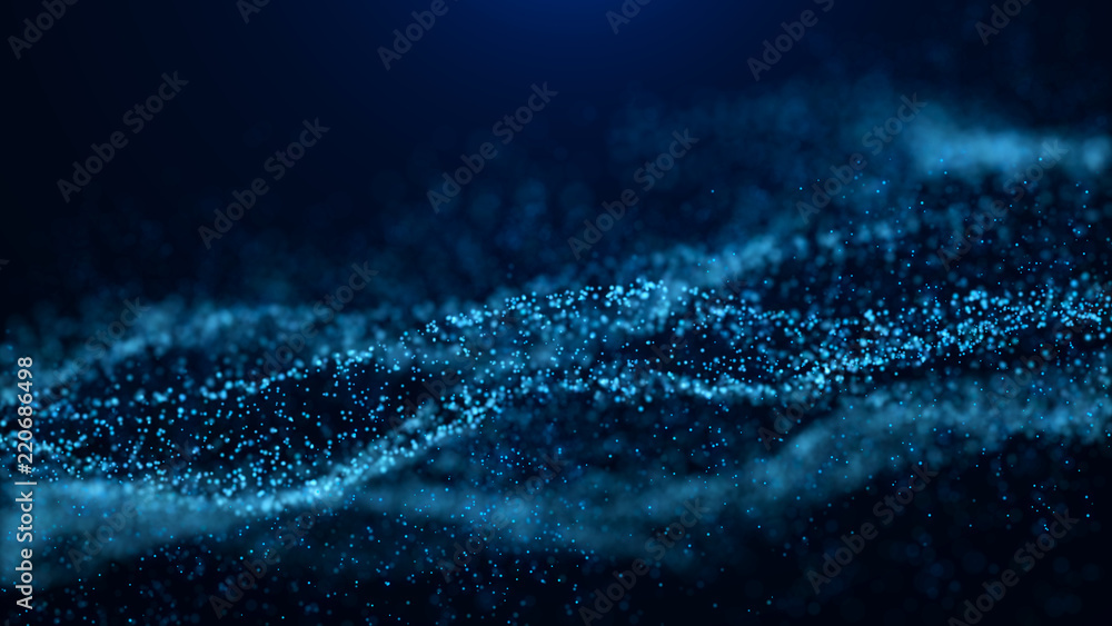 Poster Wave of particles. Abstract particle. Data visualization. Abstract digital background. 4k rendering.