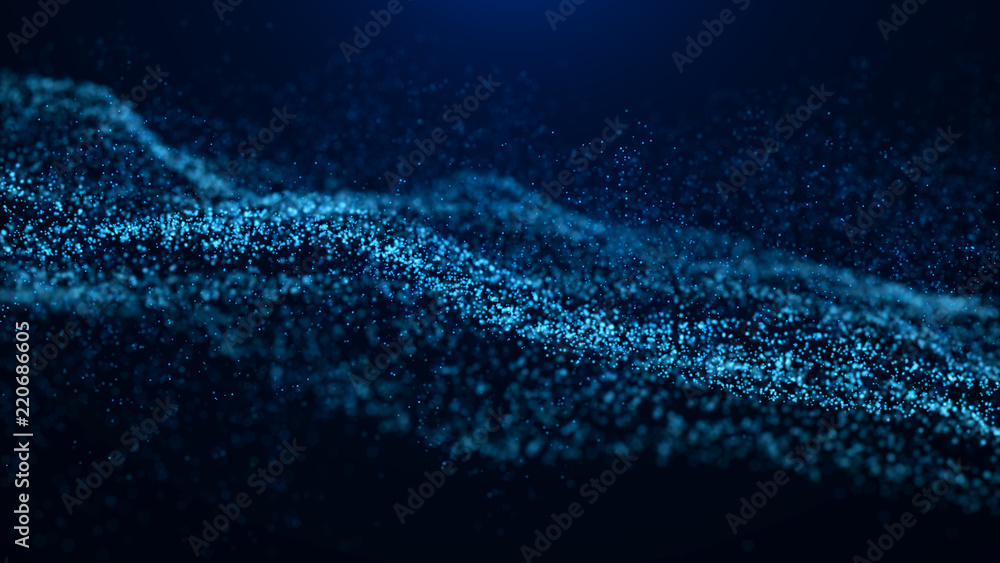 Poster Wave of particles. Abstract particle. Data visualization. Abstract digital background. 4k rendering.
