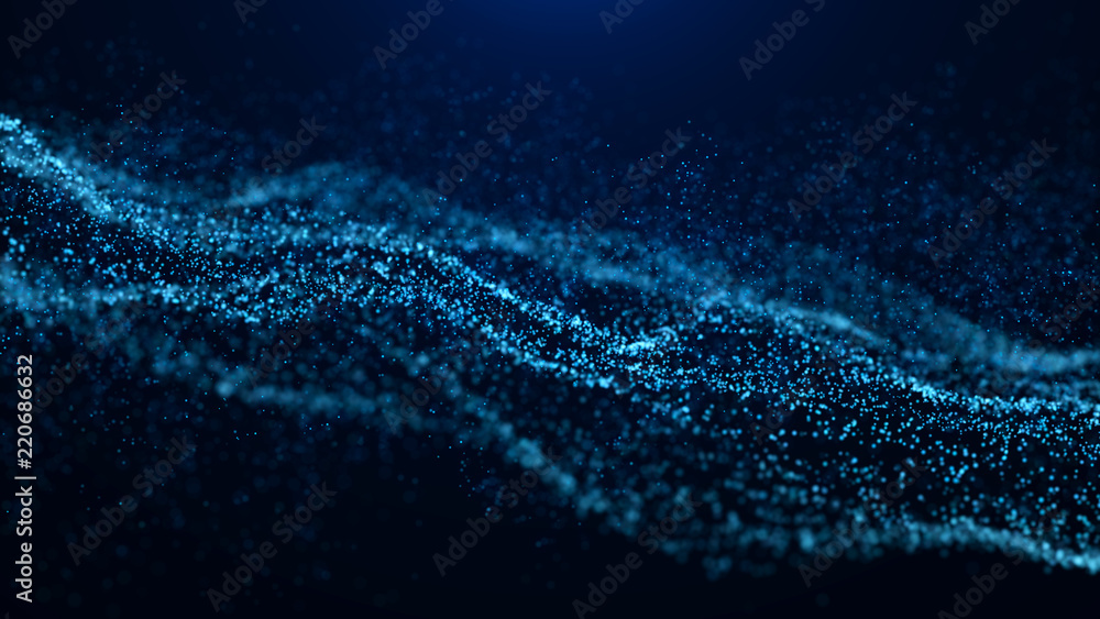 Poster Wave of particles. Abstract particle. Data visualization. Abstract digital background. 4k rendering.