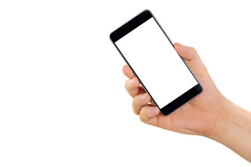 Telephone in hand. Black telephone with a white, blank display isolated on a white background. Content completion concept. Phone inclined at an angle.