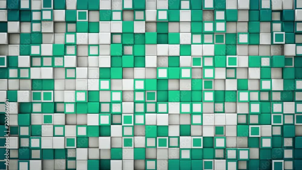 Poster wall of green and white cubes. abstract motion background. 3d render seamless loop animation 4k uhd 
