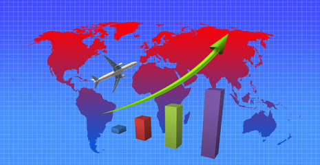 The graph of airplane business on the world map background. Elements of this image furnished by NASA.