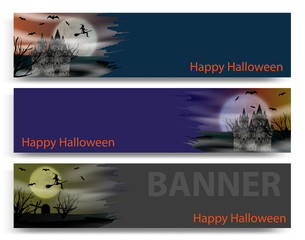Halloween banners collection with gothic castle, flying young witch, bats and full moon. Vector illustration.