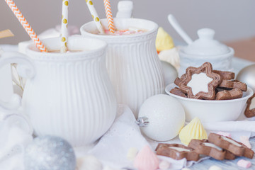 Marshmallow, cookies, meringues and different Christmas decorations