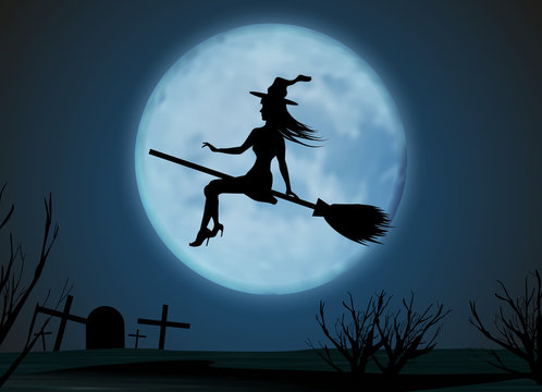 Halloween background. Young witch flying on a broomstick on the background of a full moon above cemetery. Vector illustration.