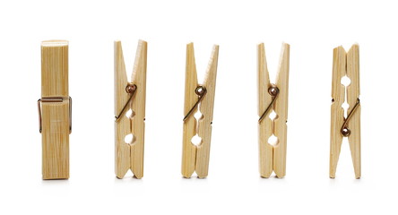 Set clothespins, natural bamboo peg isolated on white background