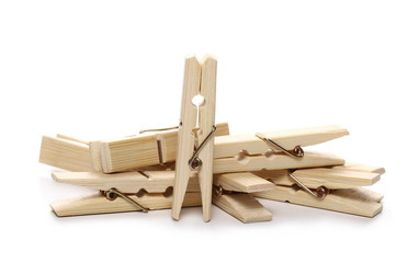 Wooden clothespins, natural bamboo peg isolated on white background