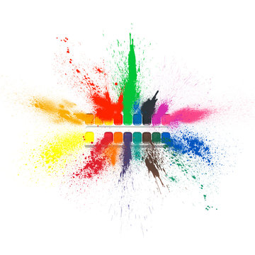 A spray splashes of colored paints from a set for drawing. Paint explosion isolated on a white background. Top view.