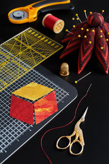 Preparing of diamond pieces of fabrics for sewing quilt, traditional patchwork, sewing and quilting accessories