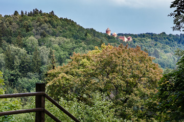 A hilly, wooded area with a castle in the distance, in the forefront there are wooden stairs going down