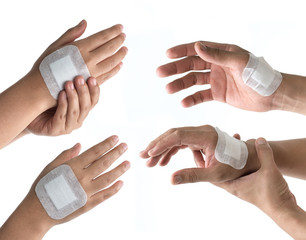 Plaster closed wound on the hand isolated on white,Medical and healthcare concept.