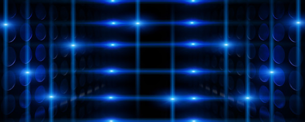 Abstract blue background with neon light, circles, glow